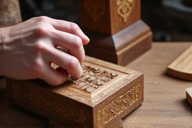 Restaurator arbeitet an einem alten Holzschrank, detailreiche Handarbeit