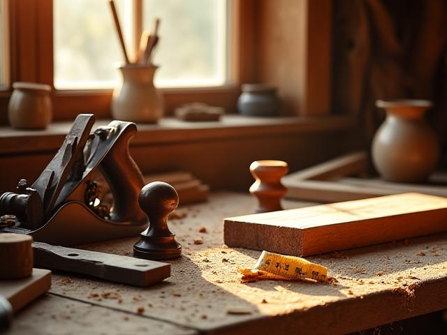 Werkstattansicht mit Hobel, Sägespänen und Holzmaterialien, warmes Licht