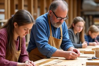Teilnehmer bei einem Holzarbeits-Workshop, die von einem erfahrenen Schreiner angeleitet werden