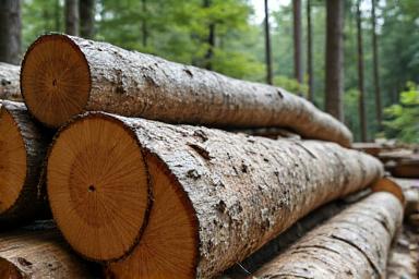 Frisch gefällte, gestapelte Holzstämme im Wald mit Sonnenlicht