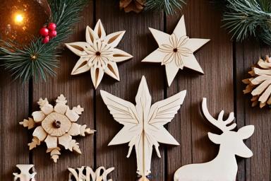 Handgeschnitzte Weihnachtsornamente aus Holz auf einem festlichen Tisch