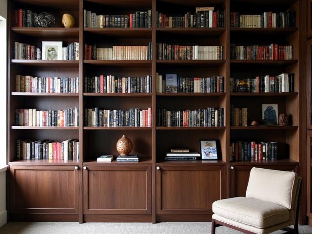 Maßgefertigtes Bücherregal in dunklem Holz an einer Wand