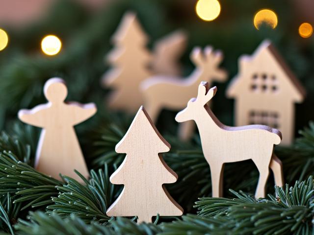 Auswahl von handgeschnitzten Holz-Weihnachtsornamenten