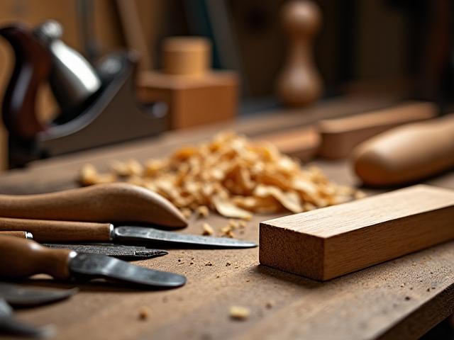 Nahaufnahme von Hobelspänen und Holzbearbeitungswerkzeugen in einer Werkstatt