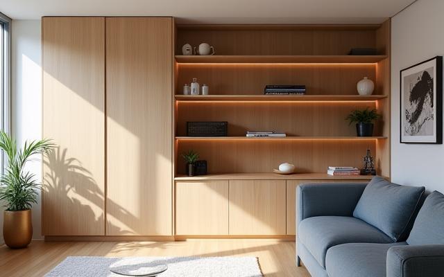 Modernes Holz-Interieur-Design mit maßgefertigten Regalen