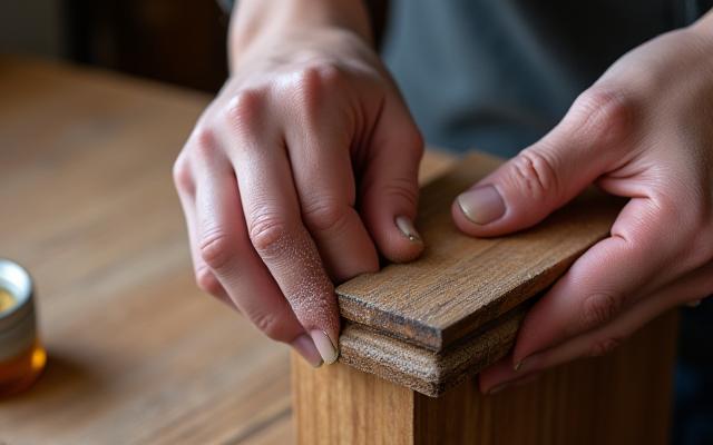 Detailaufnahme der Restaurierung eines antiken Tisches