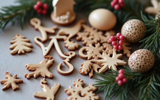 Handgeschnitzte saisonale Holzdekorationen für Weihnachten