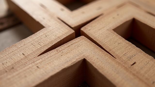 Nahaufnahme verschiedener traditioneller Holzverbindungen wie Zinken und Schwalbenschwanz