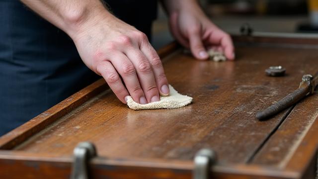 Hände, die vorsichtig ein altes, restauriertes Holzstück polieren, mit historischen Werkzeugen im Hintergrund