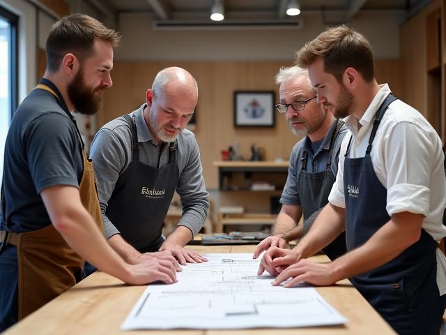Das Erntedank Holz Team, das in einer sauberen und organisierten Holzwerkstatt zusammenarbeitet